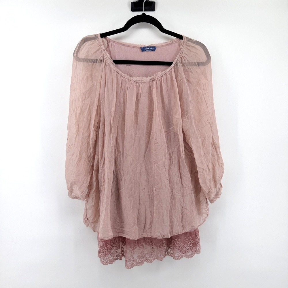 Giulia Blouse 100% Silk Lace Hem Large Pink Womens Boho Made In Italy Top